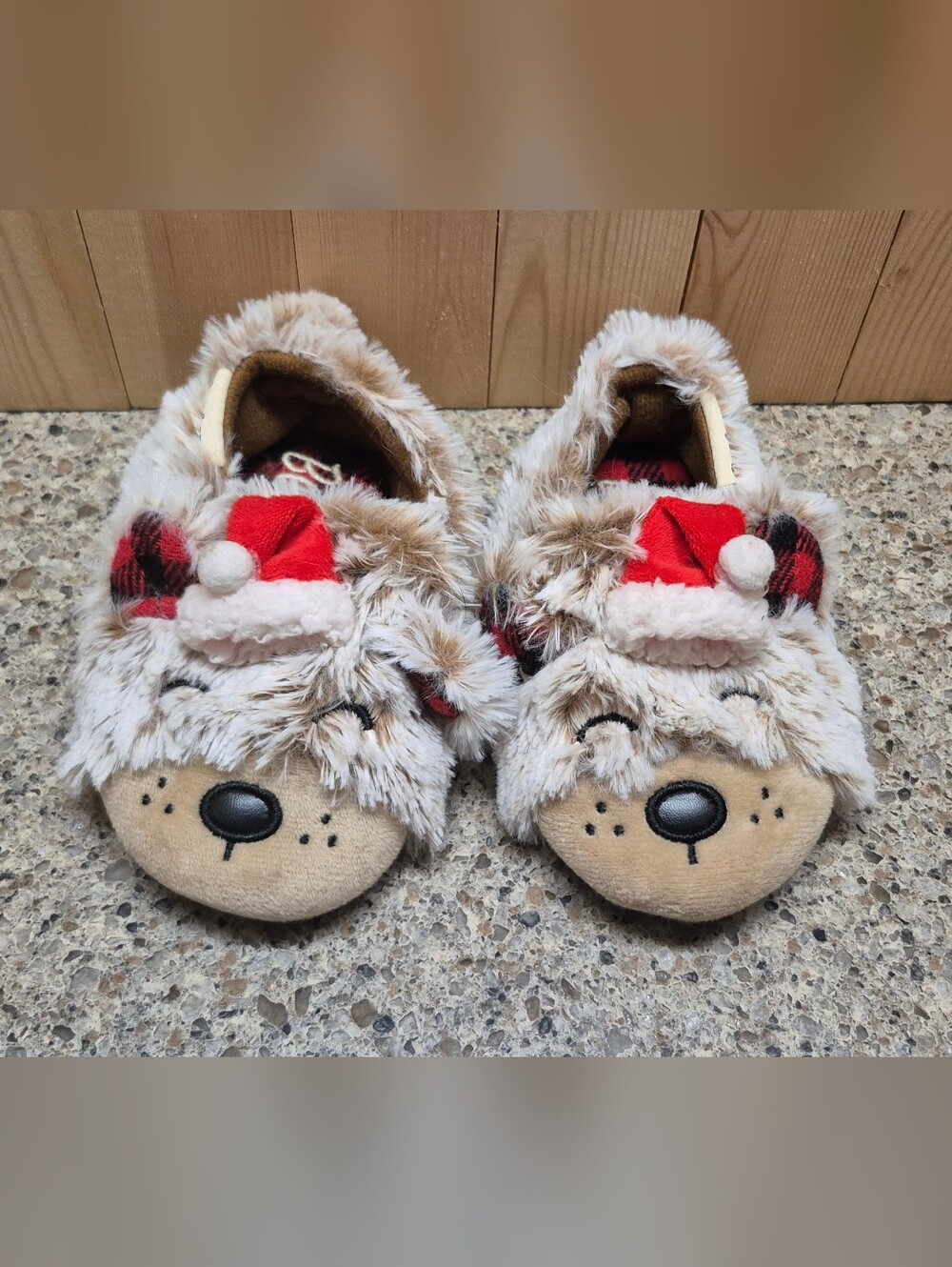 ​Dearfoams Lil Bear Toddler Slippers Size 5-6 Santa Hat Faux Fur Plaid Christmas